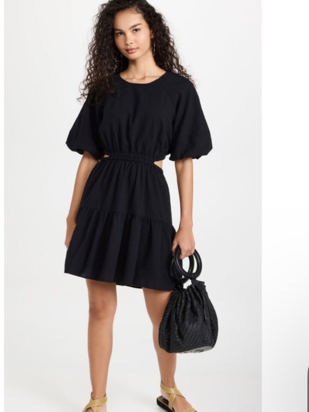 Madewell Black Cut Out Puff-Sleeve Seersucker Tiered Mini Dress #whimsigoth